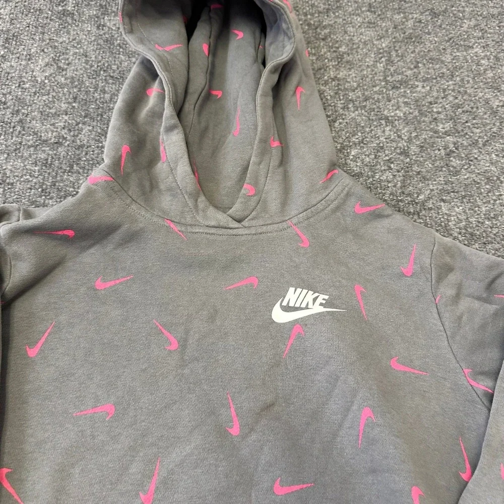Nike Hoodie Womens Size XL Gray Pink All Over Swoosh Print Standard Fit Fleece